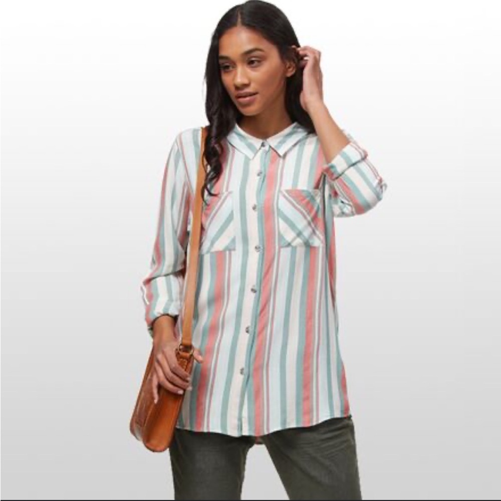 KAVU‎ Womens XL Rayon Button Down Shirt Long Sleeve Striped Outdoor Top Multi